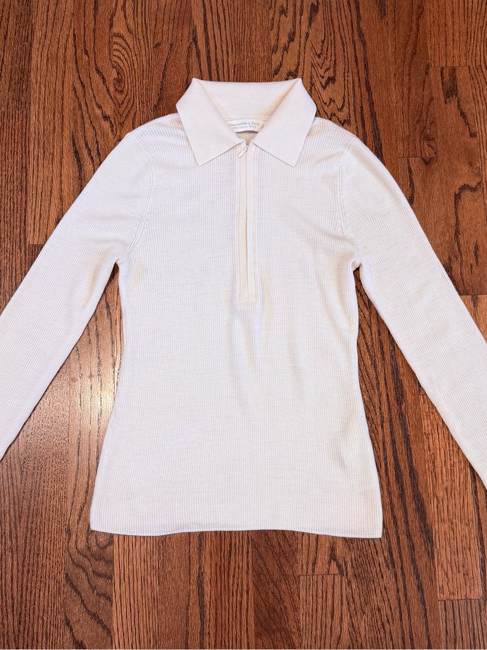 Abercrombie & Fitch 100% Merino Wool Ribbed Half-Zip Polo Sweater Cream S
